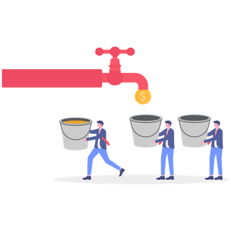 Business team collecting dollar coin in bucket  Illustration