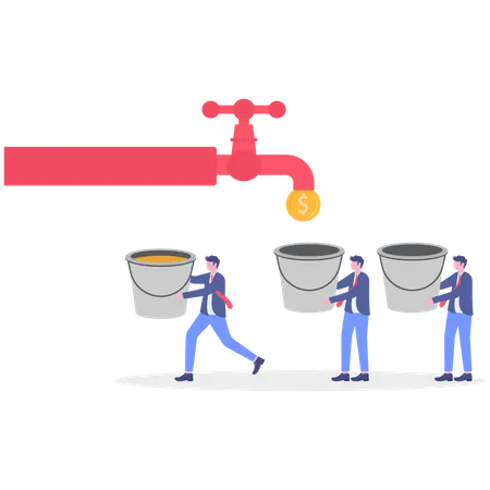 Business team collecting dollar coin in bucket  Illustration