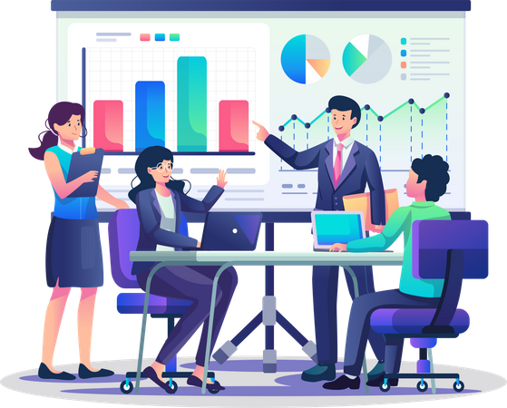 Business team conducting board meeting with each employee  イラスト