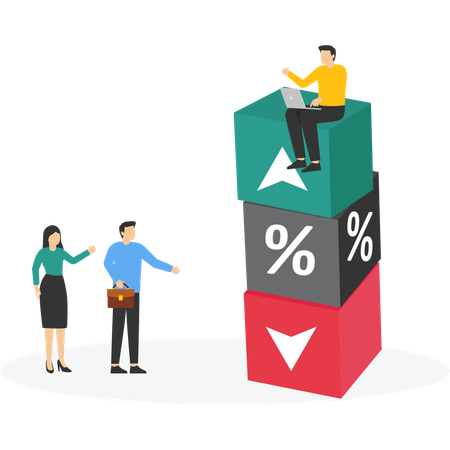 Business-Team verbindet Würfelblock mit Prozentzeichen  Illustration