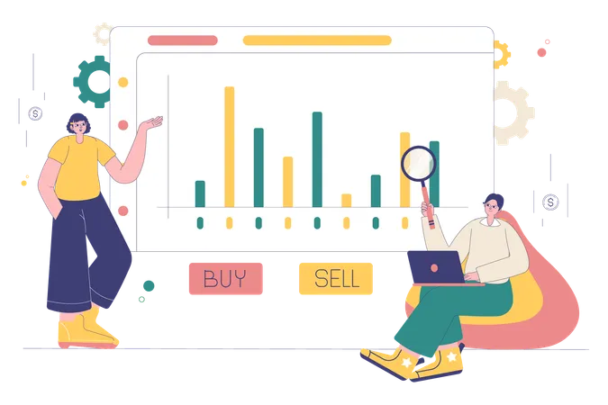 Business team discusses company shares data  Illustration