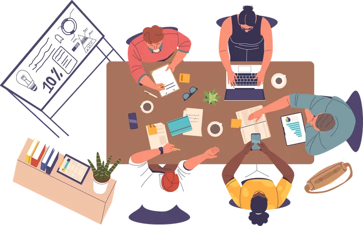 Overhead View Of Executives Engaged In A Dynamic Business Discussion With Papers Devices And A Conference Table Fostering Collaboration And Strategic Planning Cartoon People Vector Illustration Illustration