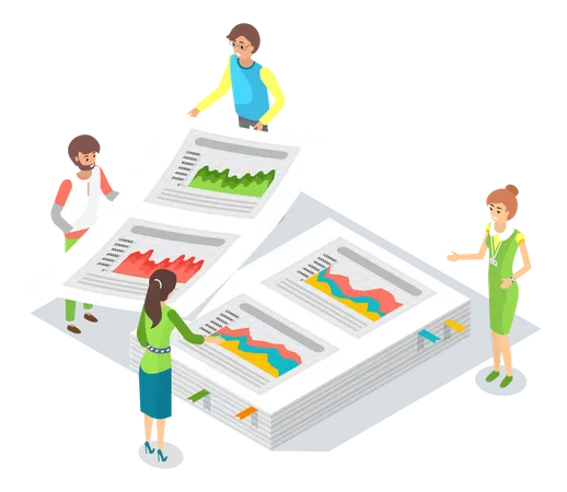 Analytic Workers Mess With Papers Diagrams And Bar Charts Working With Reports People Analyze Documents With Statistical Indicators Characters Work With Statistics Report Financial Data Illustration