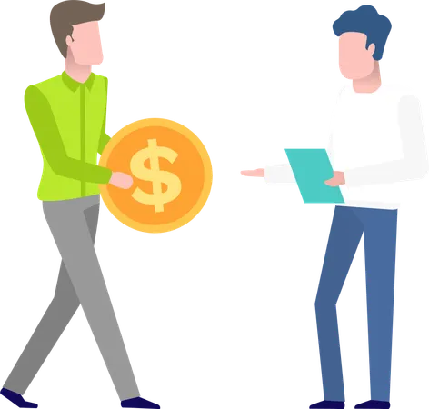 People With Money And Document Vector Men Holding Gold Coin With Dollar Sign Male With Papers On Clipboard Discussion Of Financial Ass Flat Style Illustration