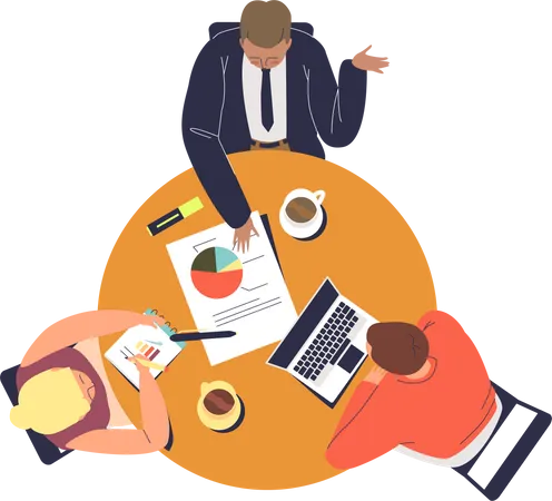 Business Team Brainstorming Boss Sitting Together With Workers At Diagrams And Laptop At Round Table Top View Of Three Colleagues Working On New Strategy Or Startup Plan Flat Vector Illustration Illustration
