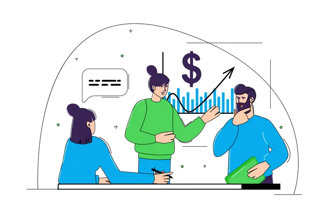 Geschäftsteam diskutiert über finanzielles Wachstum  Illustration