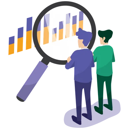 Two Business People Use Magnifying Glass Looking Graph To Find Bugs And Improve Marketing Or Financial Information Cartoon Flat Vector Illustration Illustration
