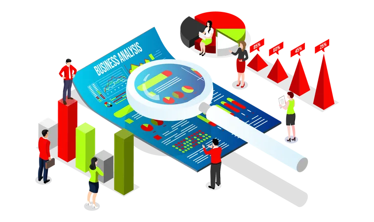 Business Analysis Technology Concept Isometric Vector Illustration Process Working With Big Database On Data Center System For Diagrams Of Sales Management Statistics And Operational Reports 일러스트레이션
