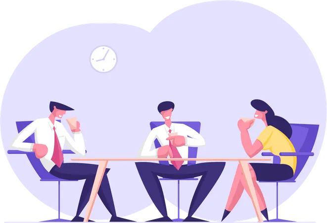 Business People Team Of Relaxed Male And Female Characters Sitting In Office On Armchairs Drinking Coffee And Communicating Discussing Working Project Development Cartoon Flat Vector Illustration Illustration