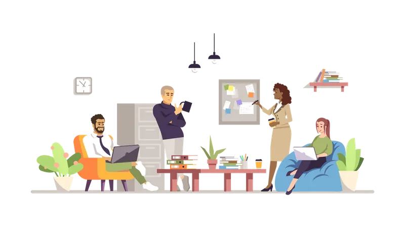 Office Work Flat Vector Illustration Workforce Team Building Teamwork Colleagues Meeting Isolated Cartoon Characters Managers Coworkers Working Together Specialists Professionals Brainstorming Illustration