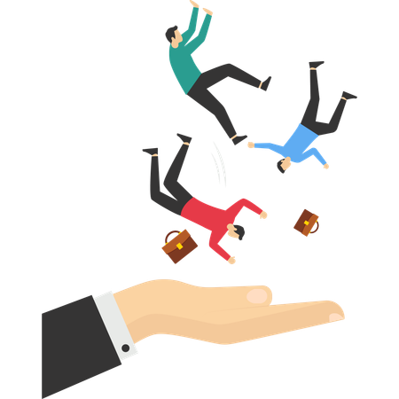 Business team falling from the sky into a gentle helping hand  Illustration