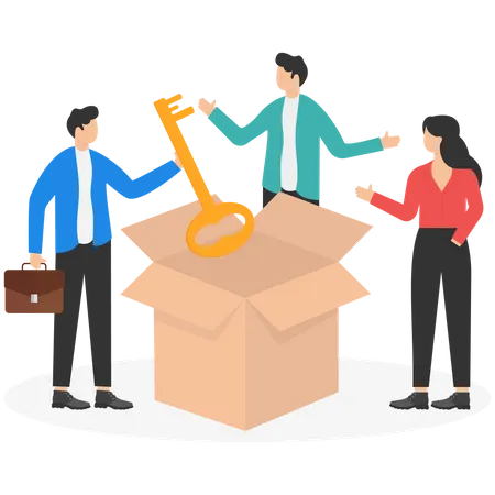 Business Team Find Key To Success Brainstorm For Best Solution To Solve Problem Intelligent Strategy For Team Achievement Concept Euphoric Colleagues Discovering Golden Key Hidden In Box Illustration