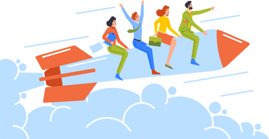 Business-Team fliegt auf Rakete  Illustration