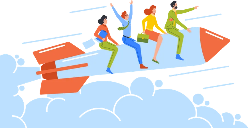 Business-Team fliegt auf Rakete  Illustration