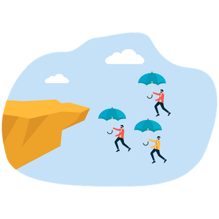Business team flying in air with umbrella  Illustration