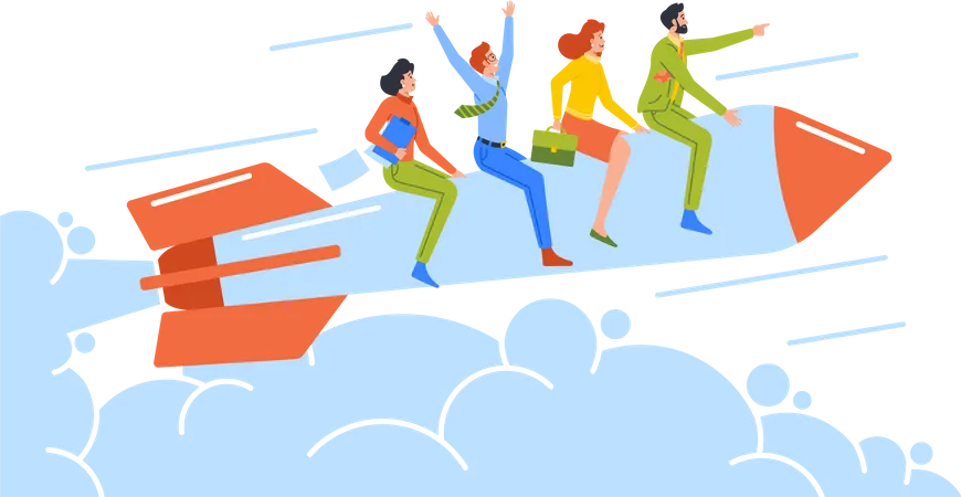 Business Team Flying On Rocket  Illustration
