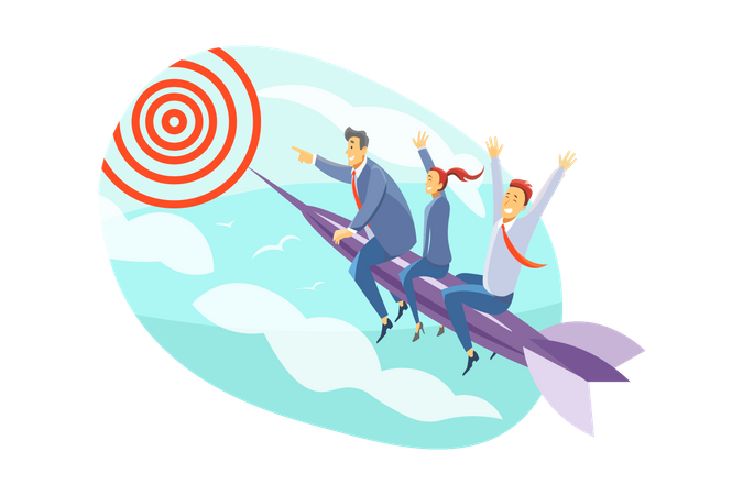 Business team flying on rocket for achieving their goal  Illustration