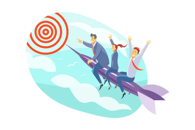 Business team flying on rocket for achieving their goal  Illustration