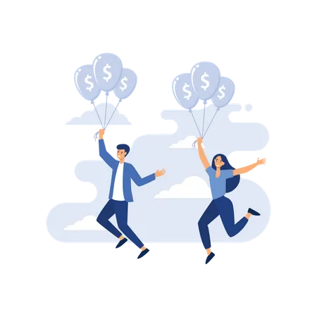 Business team flying with money  Illustration