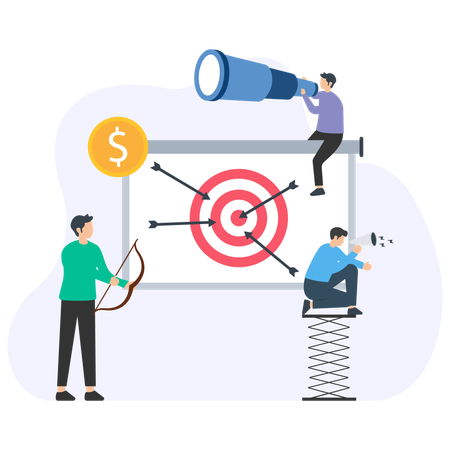 Business team focusing on achieving financial target with arrows and strategy  Illustration