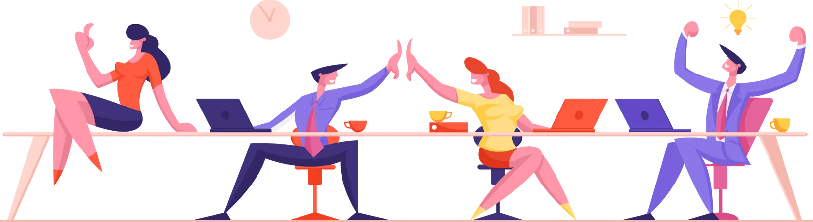 Joyful Business People Rejoice And Giving Highfive After Successful Deal Or Contract Signing Managers Team Businessmen And Businesswomen Characters Teamwork Group Cartoon Flat Vector Illustration Illustration