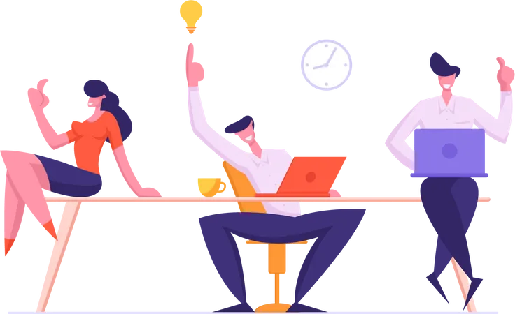 Cheerful Business People Team Rejoice Of New Working Project Creative Idea Joyful Male And Female Employees Characters Sitting In Office Workplace Teamwork Group Cartoon Flat Vector Illustration Illustration