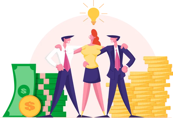 Businessmen And Businesswoman Joyful Managers Team Business People Characters Stand Embracing At Huge Piles Of Money With Glowing Lamp Above Heads Teamworking Group Cartoon Flat Vector Illustration Illustration