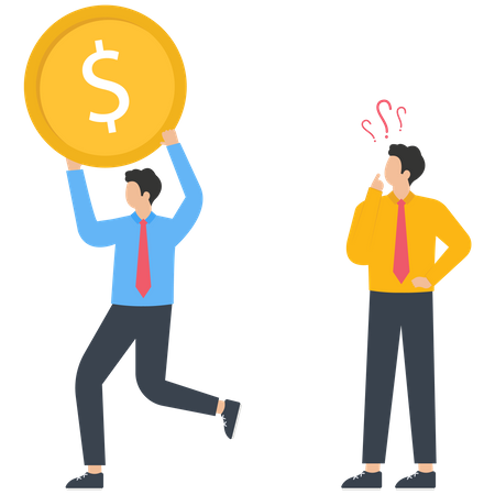 Business team group holds huge gold coin while businessman individual holds a small gold coin  イラスト