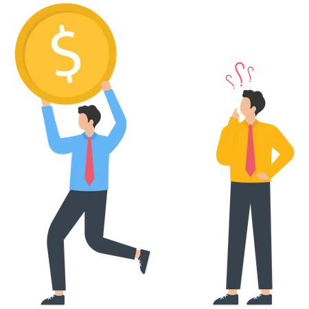 Business team group holds huge gold coin while businessman individual holds a small gold coin  イラスト