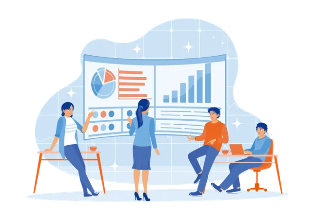 Business team having meeting in office while Discuss business development charts  Illustration