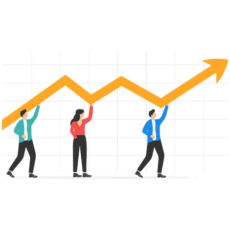 Business team helping each other to build company growth graph with up arrow  Illustration