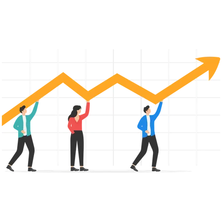 Business team helping each other to build company growth graph with up arrow  Illustration