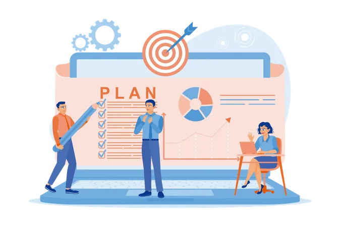 Business team holding meeting in office while Create business workflow plan  Illustration