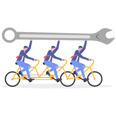 Business team holding spanner while cycling together  Illustration