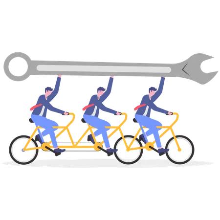 Business team holding spanner while cycling together  Illustration