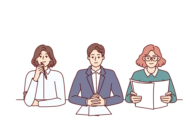Business People From Recruiting Company With Skeptical Expression Are Conducting Interview Sitting At Table In Office Man And Two Women Work As HR Managers And Participate In Recruiting Processes Illustration