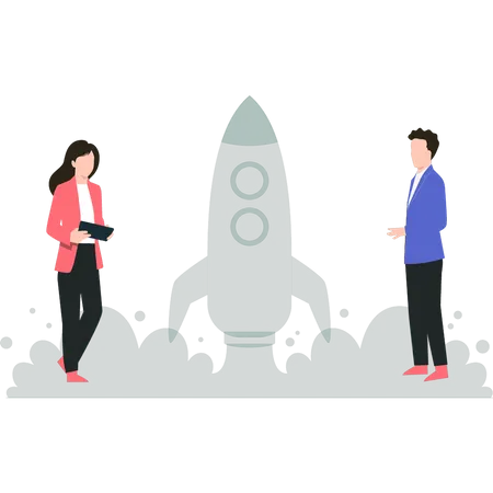 The Boy And The Girl Are Standing Near The Space Ship Illustration