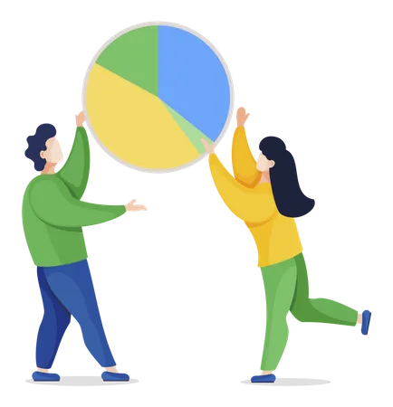 Man And Woman Standing And Holding Big Diagram Icon Of Chart With Colorful Segments Analytics And Statistics Graphic For Presentation People And Project Isolated Vector Illustration In Flat Style Illustration
