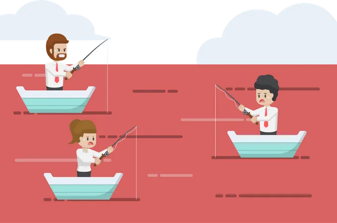 Business People Fishing In Red Ocean Business Strategy And Competition Concept Illustration