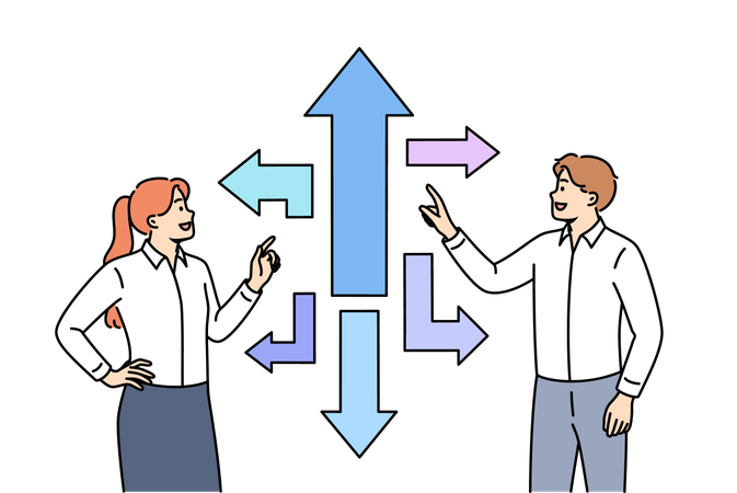 Business team looking for strategic path solution to achieve success standing near arrows  Illustration