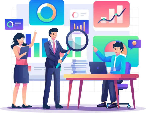 Business team monitoring data analytics Illustration