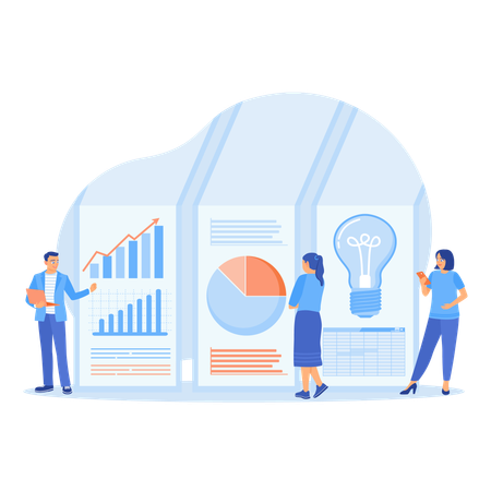 Business team monitors data graphs and charts  Illustration