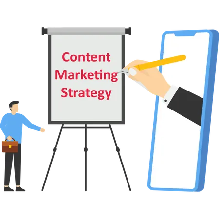 Ein Business-Team entwirft mit Bleistift eine Content-Marketing-Strategie  Illustration