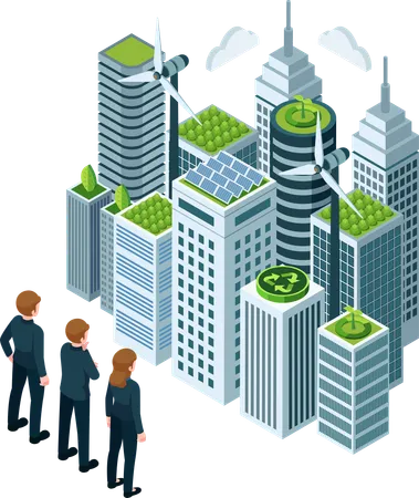 Flat 3 D Isometric Business Team Observing Sustainable Cityscape With Eco Friendly Buildings Sustainable Business Or Sustainable Urban Development Concept Illustration