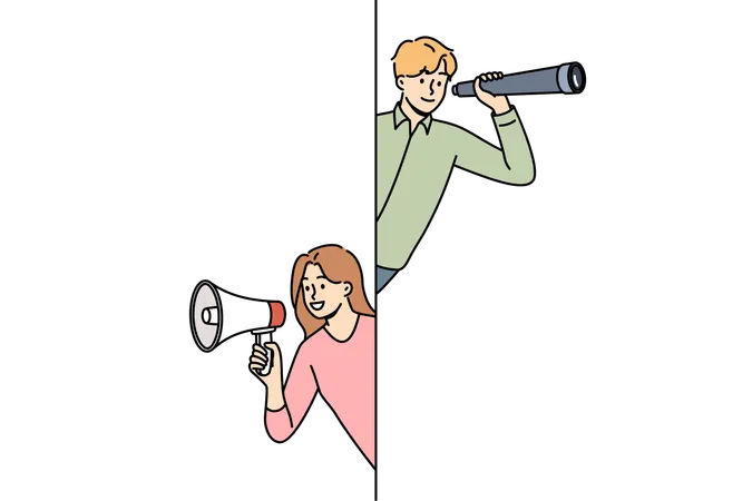 Business team of man using telescope to find opportunities and woman promoter attracting clients  Illustration