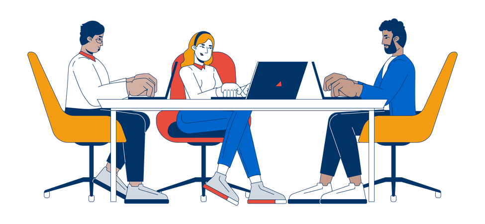 Business team of multiethnic employees working on laptops  Illustration