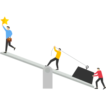 Business Team On A Swing And Exceed Them Teamwork To Get Stars From The Sky Achieve Success Flat Vector Illustration On White Background Illustration