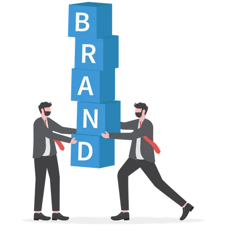 Brand Building Team People Carry Huge Building Block To Form Word BRAND Corporate Identity Brand Persona Brand Communication Marketing Promotional Campaign Reputation Management Illustration