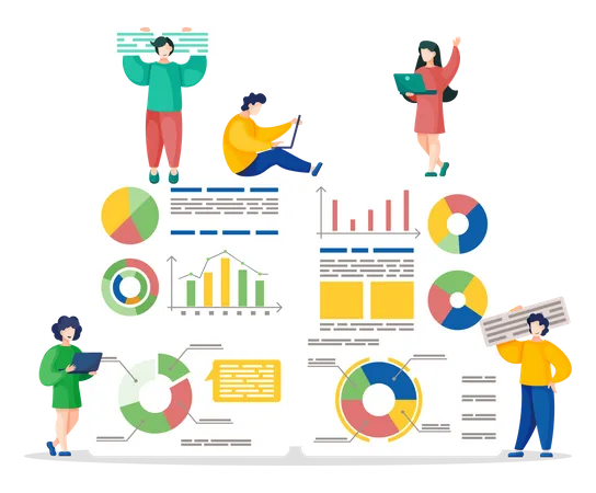 Men And Women Work On Project Reports And Presentations People Demonstrate Statistics And Analytics Diagrams Business Documentation On Board Vector Illustration Of Working Process In Flat Style Illustration