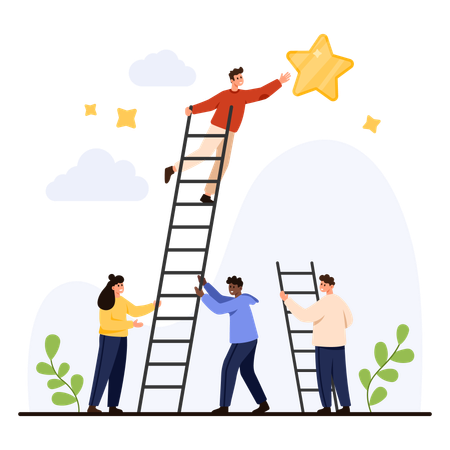 Business team Reaching Goal with Ladder  Illustration